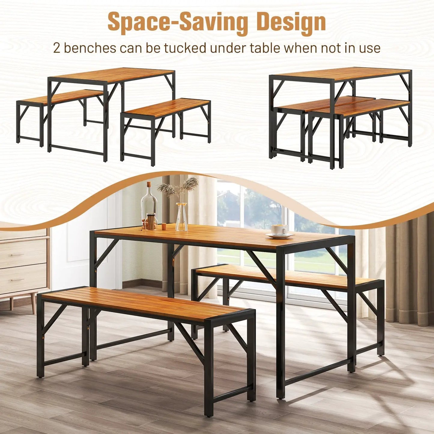 Acacia wood dining set with 2 benches and table on black metal frame on Tampa Home & Garden Store