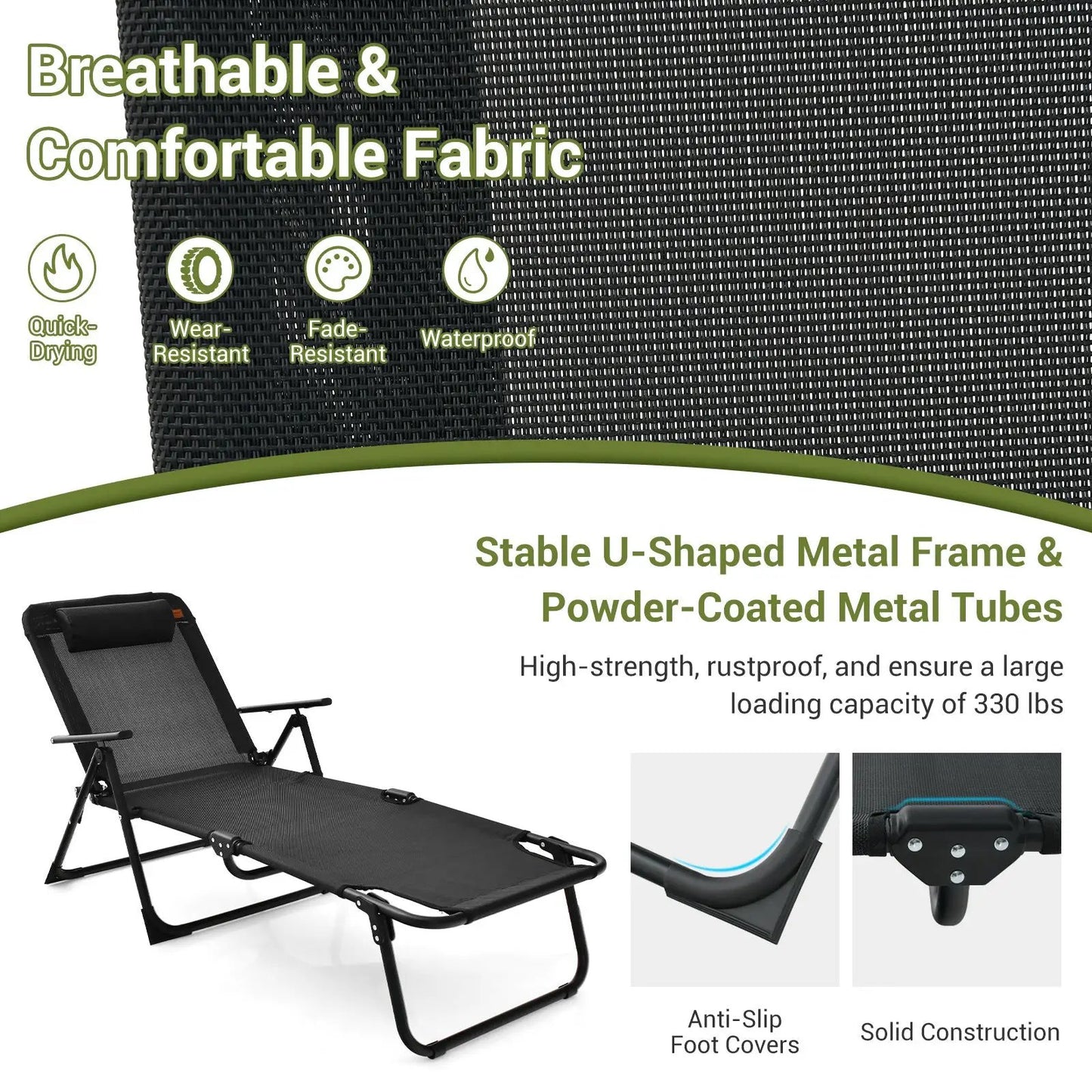 3 Pieces Patio Folding Chaise Lounge Set with PVC Tabletop-Black - Tampa Home & Garden Store