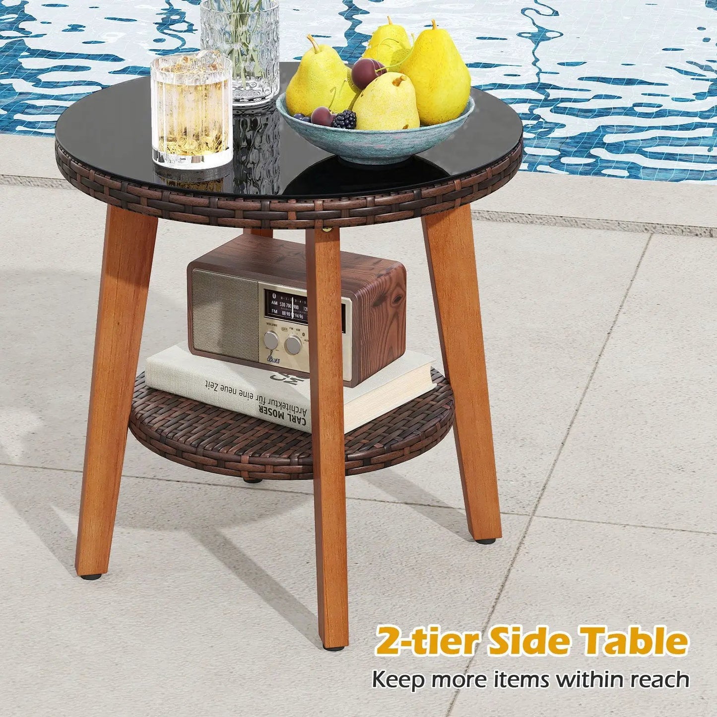 2-tier side table with glass top and woven wicker edge, solid wood legs DirectDeals on Tampa Home & Garden Store