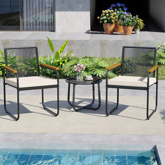 PE Rattan patio furniture set with round glass table, 2 black chairs with beige cushions on Tampa Home & Garden Store
