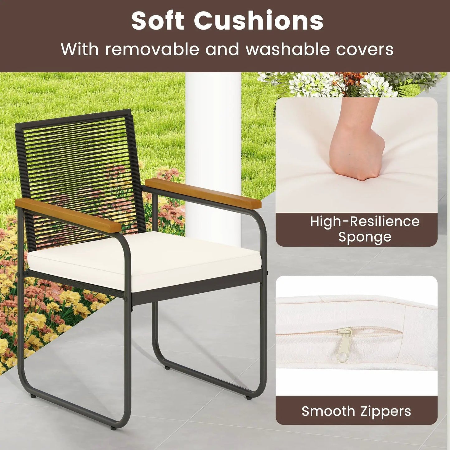 PE rattan patio set chair with white cushion beside glass table on Tampa Home & Garden Store