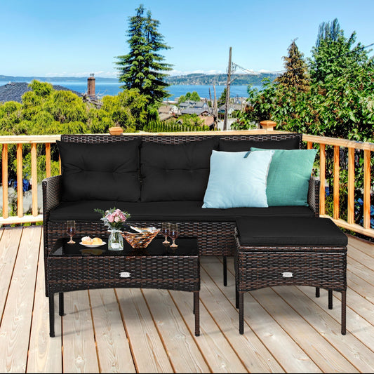 3 Pieces Patio Furniture Sectional Set with 5 Cozy Cushions-Black - Tampa Home & Garden Store