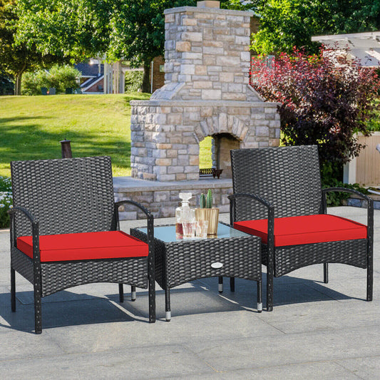 3 Pieces Patio Wicker Rattan Furniture Set with Cushion for Lawn Backyard-Red - Tampa Home & Garden Store