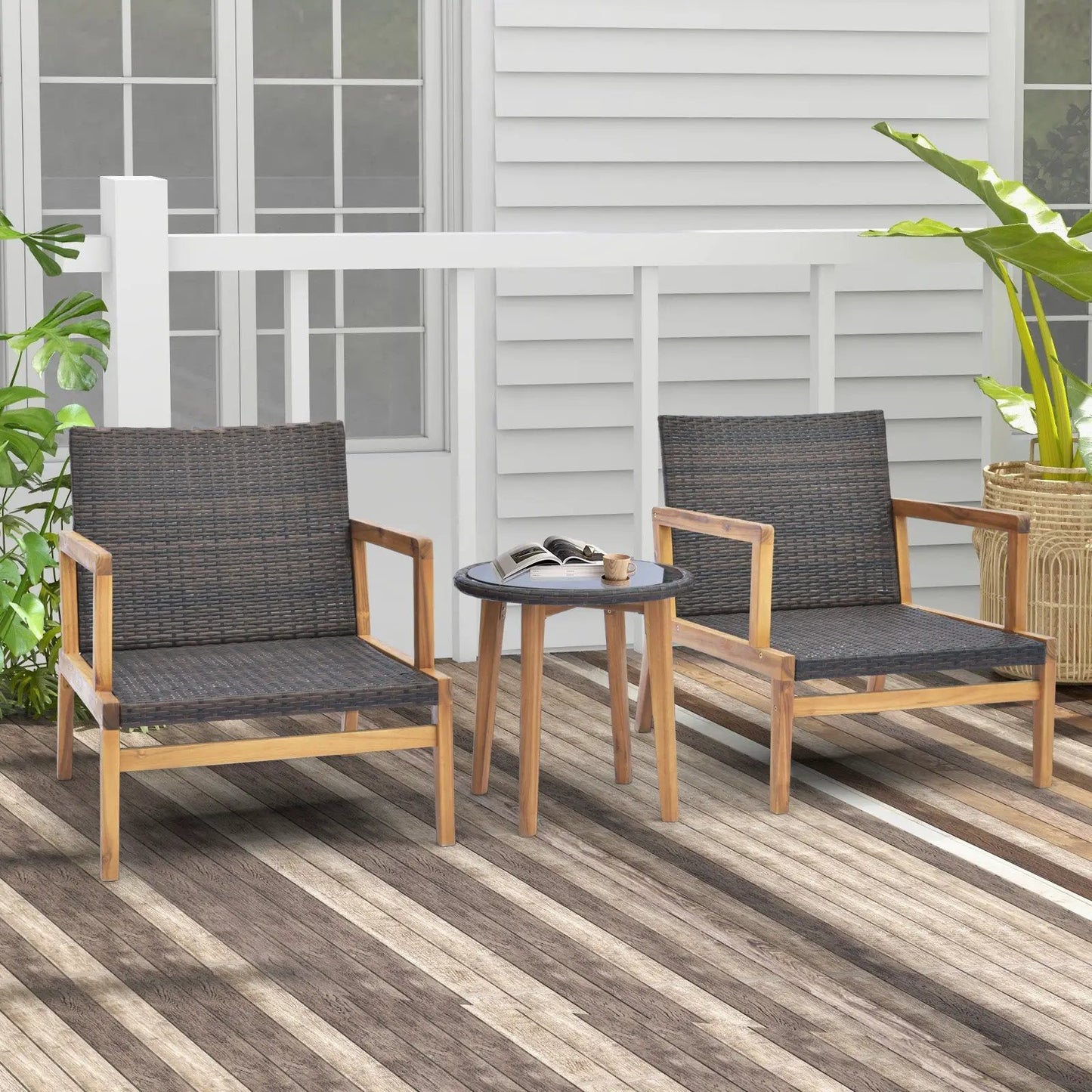 3 Piece Patio Set with Cushioned Chairs two wicker chairs and a round table on deck on Tampa Home & Garden Store