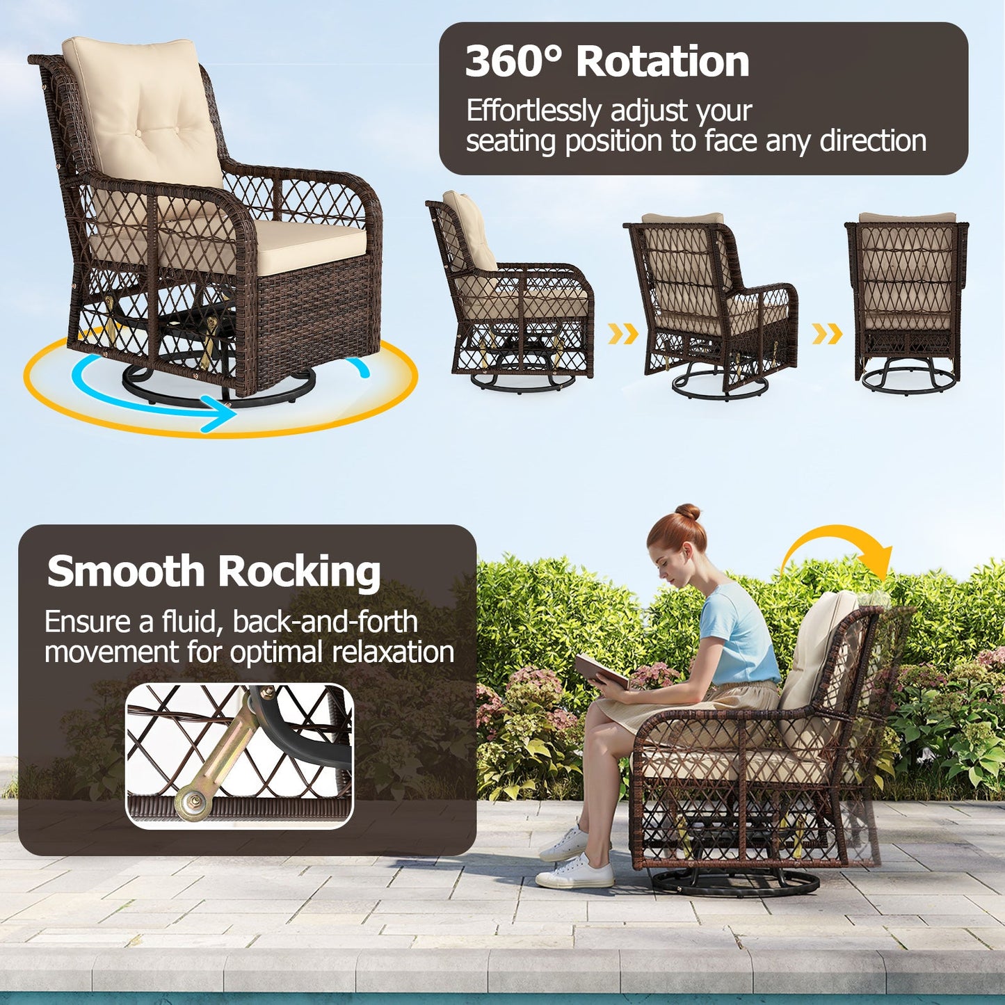 3 Pieces Patio Furniture Set PE Wicker Swivel Glider Chairs with 2-Tier Side Table and Cushions-Brown