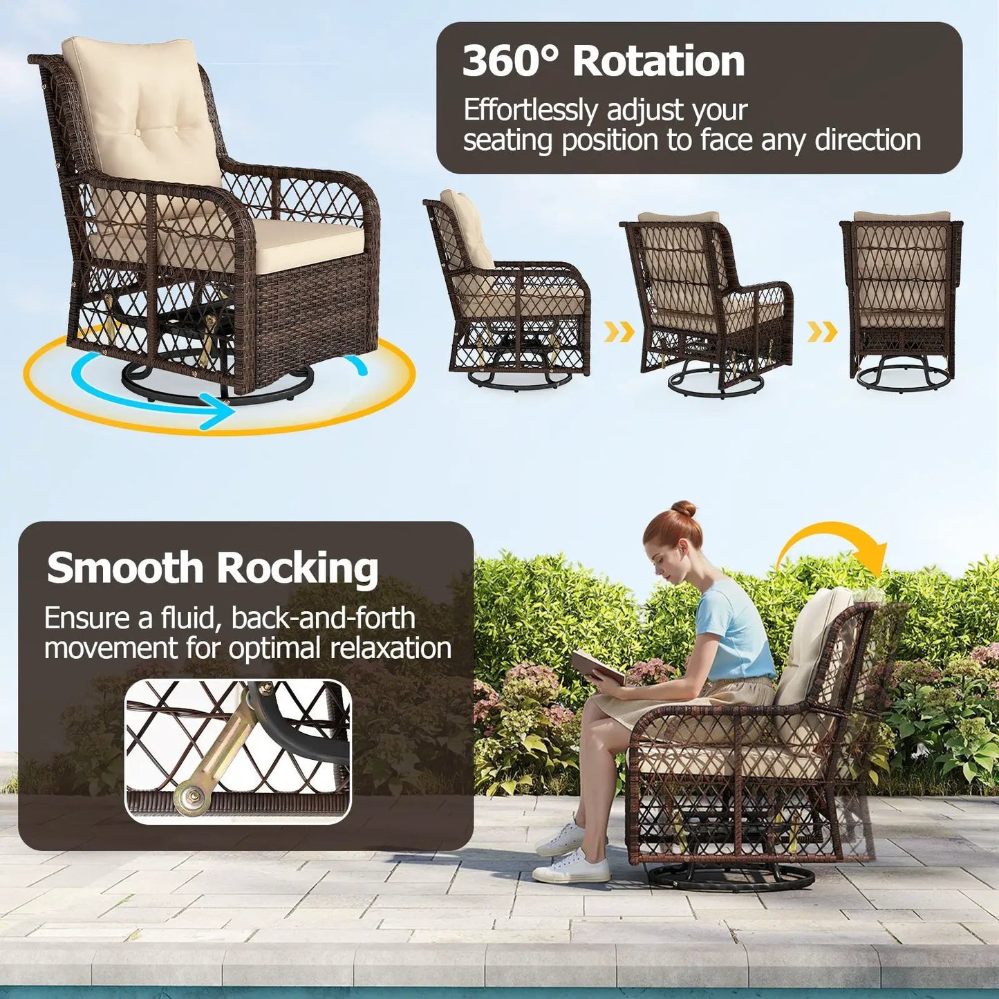 Patio wicker swivel chairs with beige cushions, brown PE wicker, 3-piece DirectDeals outdoor set on Tampa Home & Garden Store