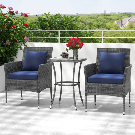 Three Piece Patio Set with Cushioned Chairs, grey wicker, blue cushions, round glass table on Tampa Home & Garden Store