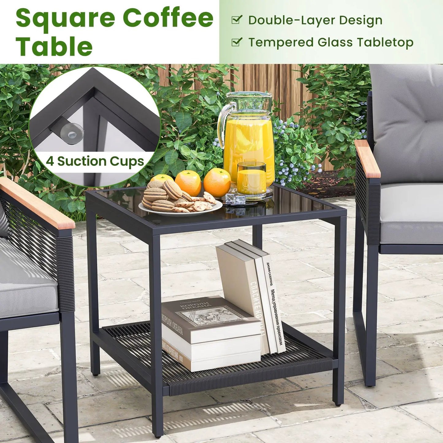 3 Pieces Patio Furniture Set with 2 Tier Coffee Table and Soft Seat Cushions-Gray - Tampa Home & Garden Store