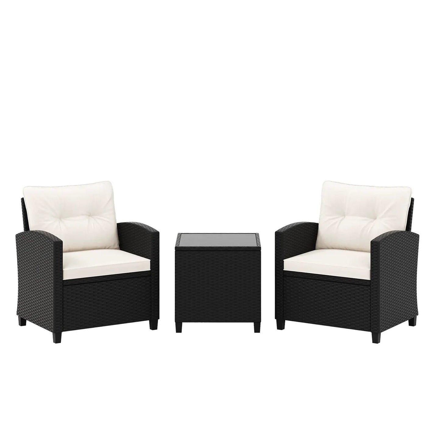 Three piece patio set with tempered glass table, 2 black wicker chairs with off-white cushions on Tampa Home & Garden Store