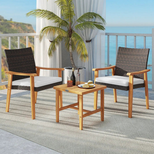 3-Piece Patio PE Wicker Set with Acacia Wood Frame, dark brown wicker, white cushions on Tampa Home & Garden Store