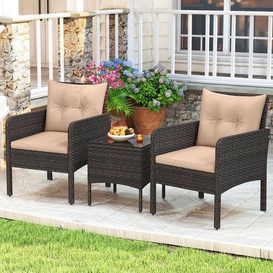 3 Pieces Patio PE Wicker Furniture Set with Cushions for Porch and Balcony - Tampa Home & Garden Store