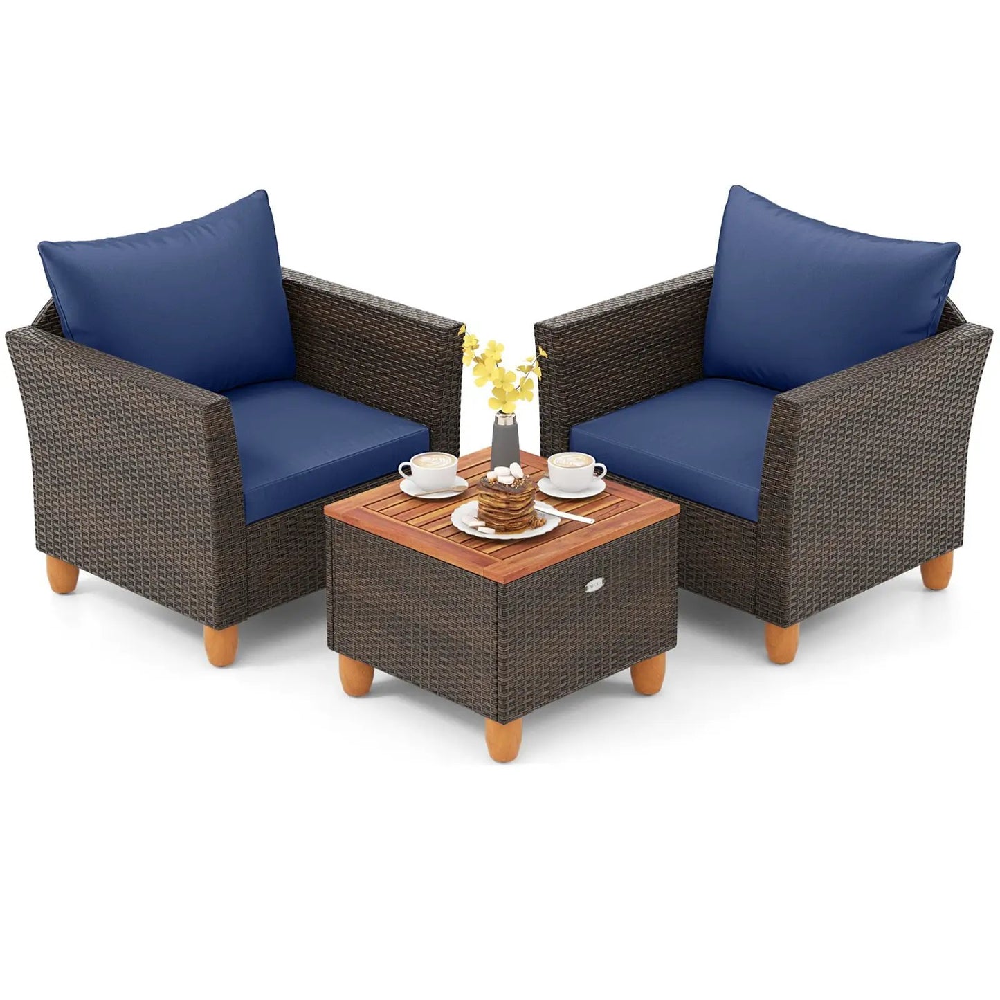 Elegant 3 Piece Patio PE Wicker Set with Cushions, 2 chairs and a coffee table with wood top on Tampa Home & Garden Store