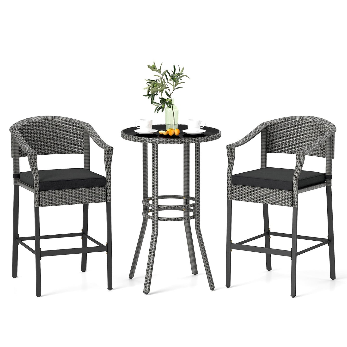 3-Piece Patio Rattan Bar Set with Tempered Glass Top for Backyard Poolside-Brown - Tampa Home & Garden Store