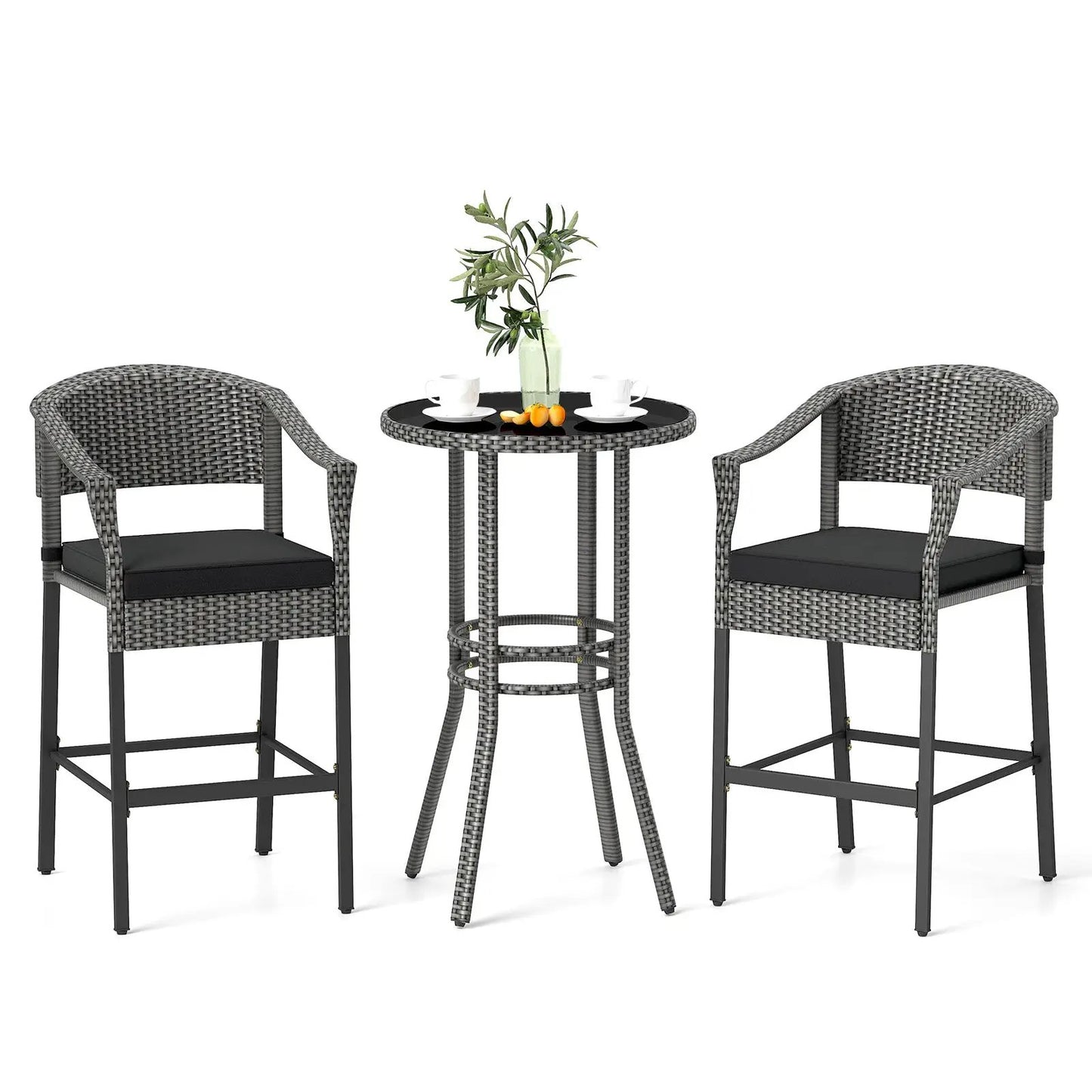 Gray-wicker 3-Piece patio rattan bar set with glass top; two chairs around a round table on Tampa Home & Garden Store