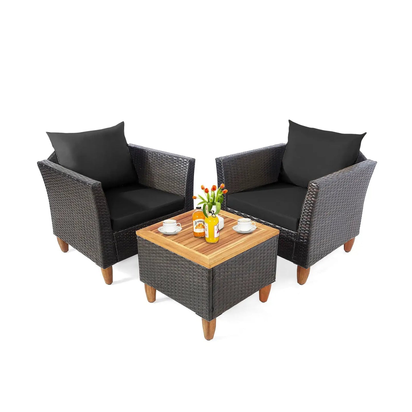 3pc patio rattan bistro set by DirectDeals with wood tabletop, wicker chairs and black cushions on Tampa Home & Garden Store