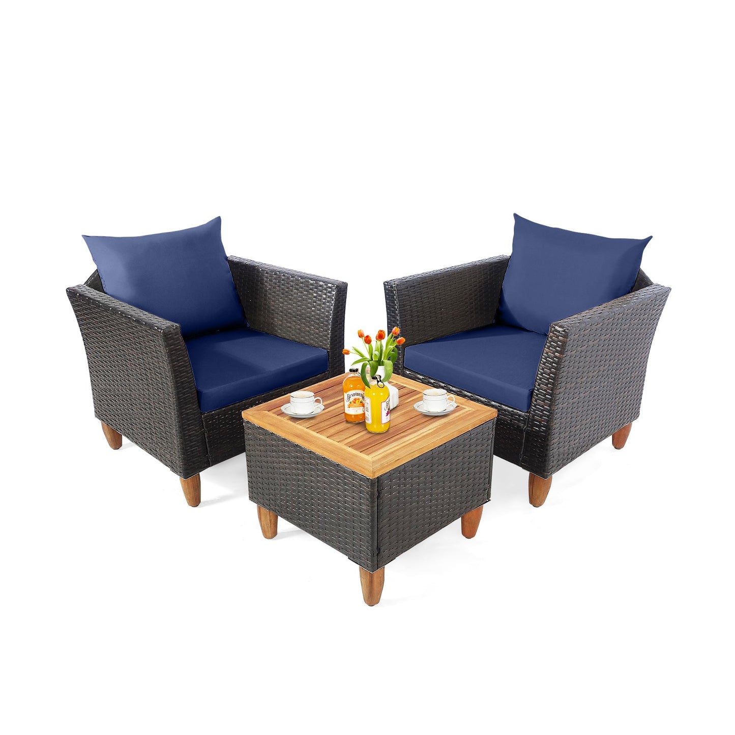 Juego de Muebles de Bistró de Ratán para Patio de 3 Piezas con Tablero de Madera - Beige
