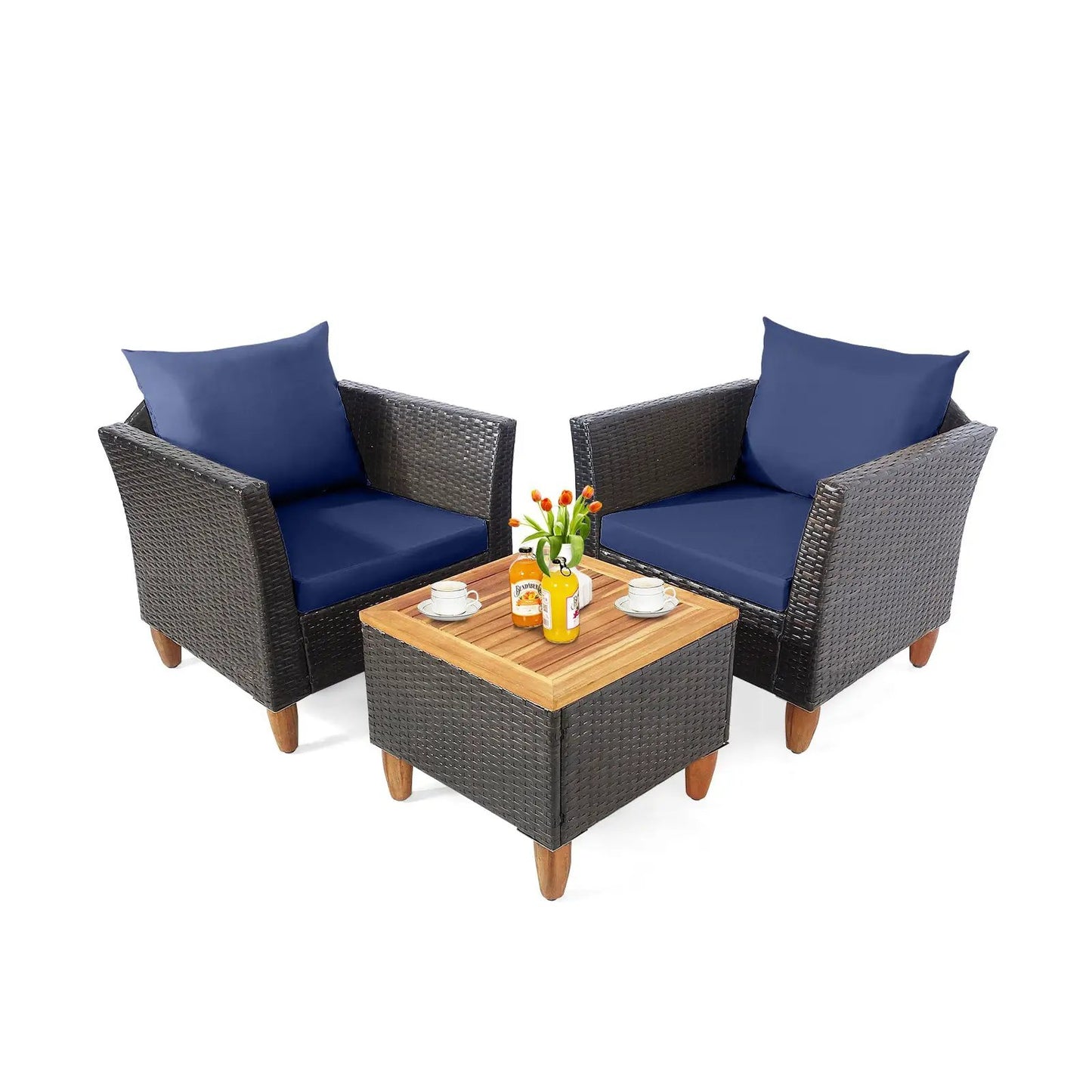 3-Piece DirectDeals Patio Rattan Bistro Set with Wood Tabletop, dark wicker, navy cushions on Tampa Home & Garden Store