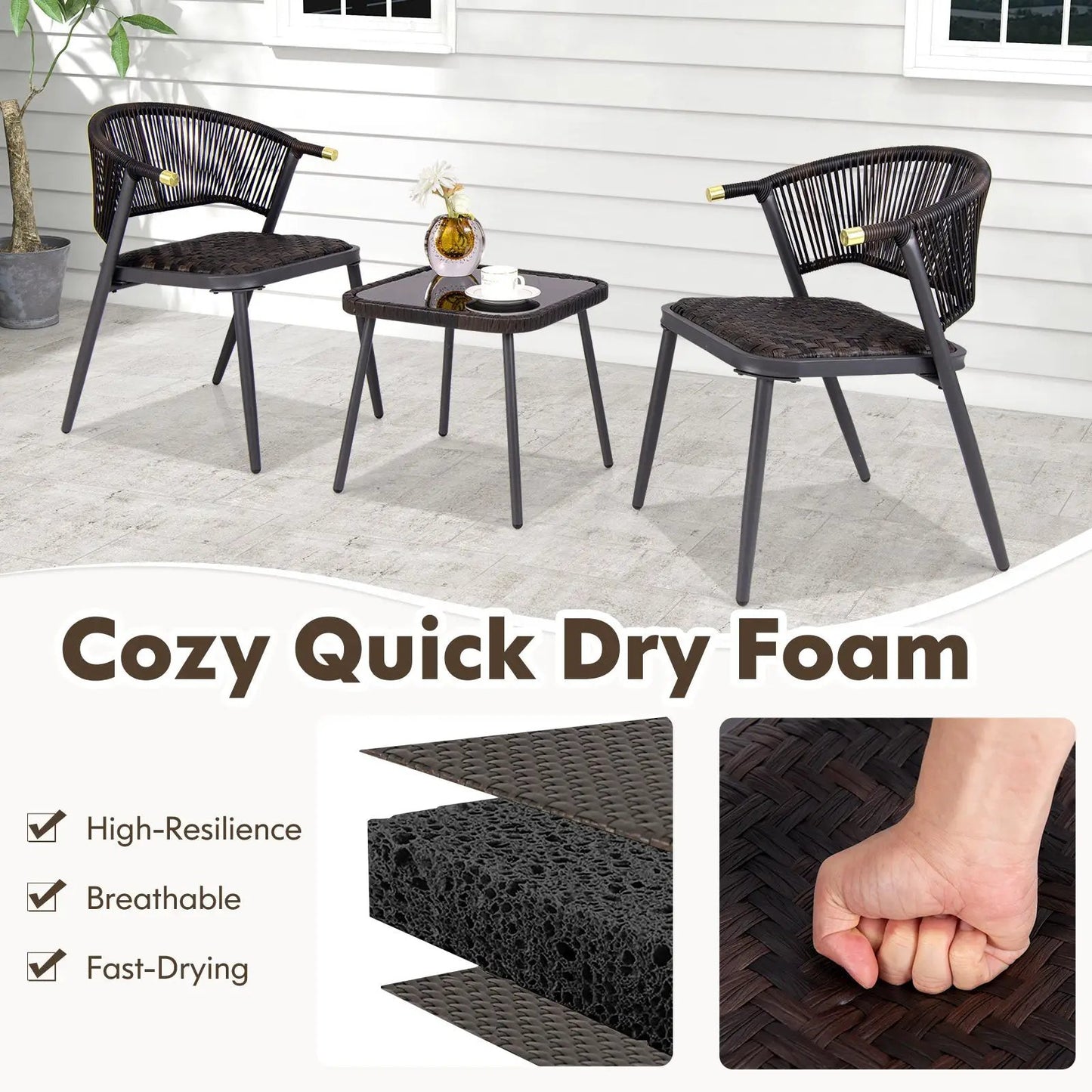 3-Piece Patio Rattan Furniture Set for Poolside, dark brown woven seats with gray legs on Tampa Home & Garden Store
