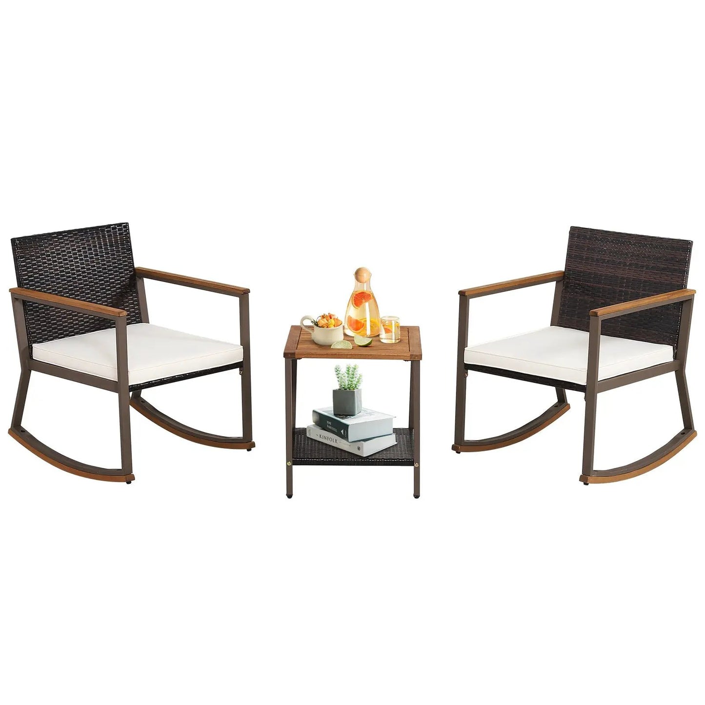 3 Pieces Rattan Rocking Bistro Set with Coffee Table and Cushions-Gray - Tampa Home & Garden Store
