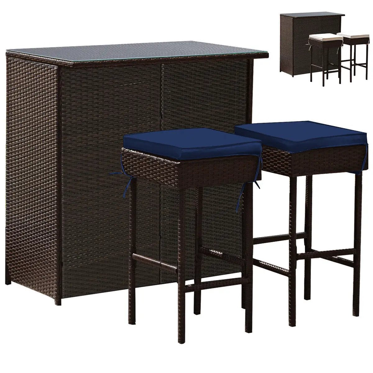 3-piece patio rattan bar table and stools set by DirectDeals with brown weave and blue cushions on Tampa Home & Garden Store