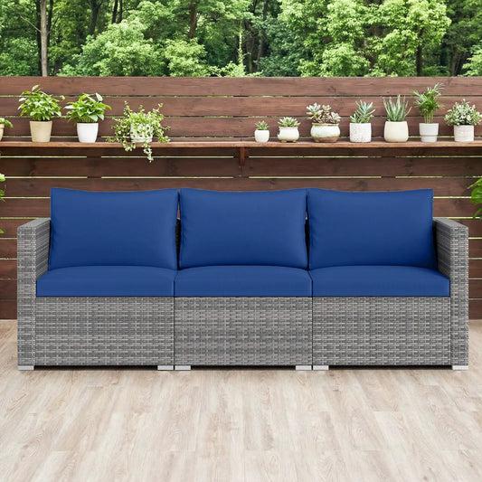 Patio sectional sofa set in PE rattan, blue cushions, 3-piece modular outdoor couch on deck on Tampa Home & Garden Store