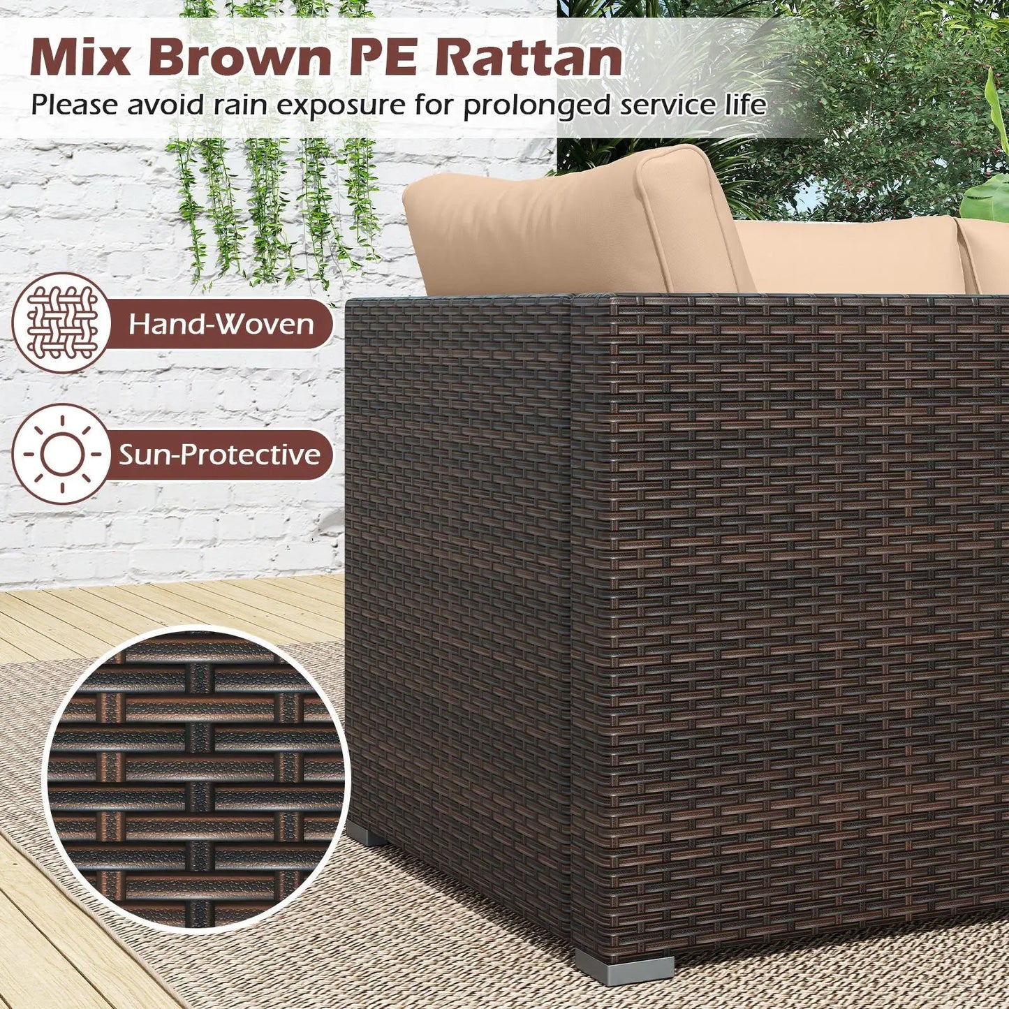3-Piece Patio Sectional Sofa Set with soft tan cushions in dark brown hand-woven rattan on Tampa Home & Garden Store
