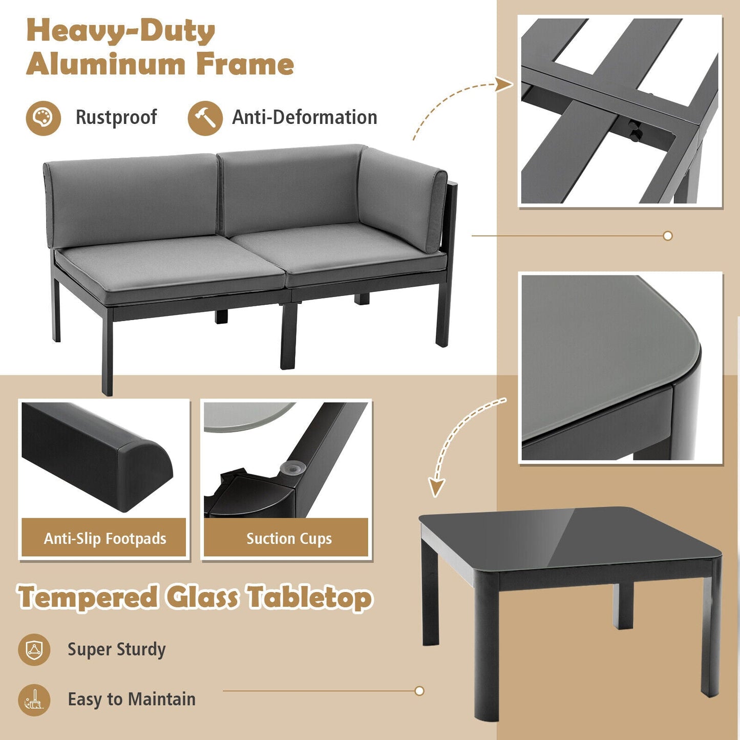 3-piece aluminum patio set with 6-level adjustable backrest and gray cushions on Tampa Home & Garden Store