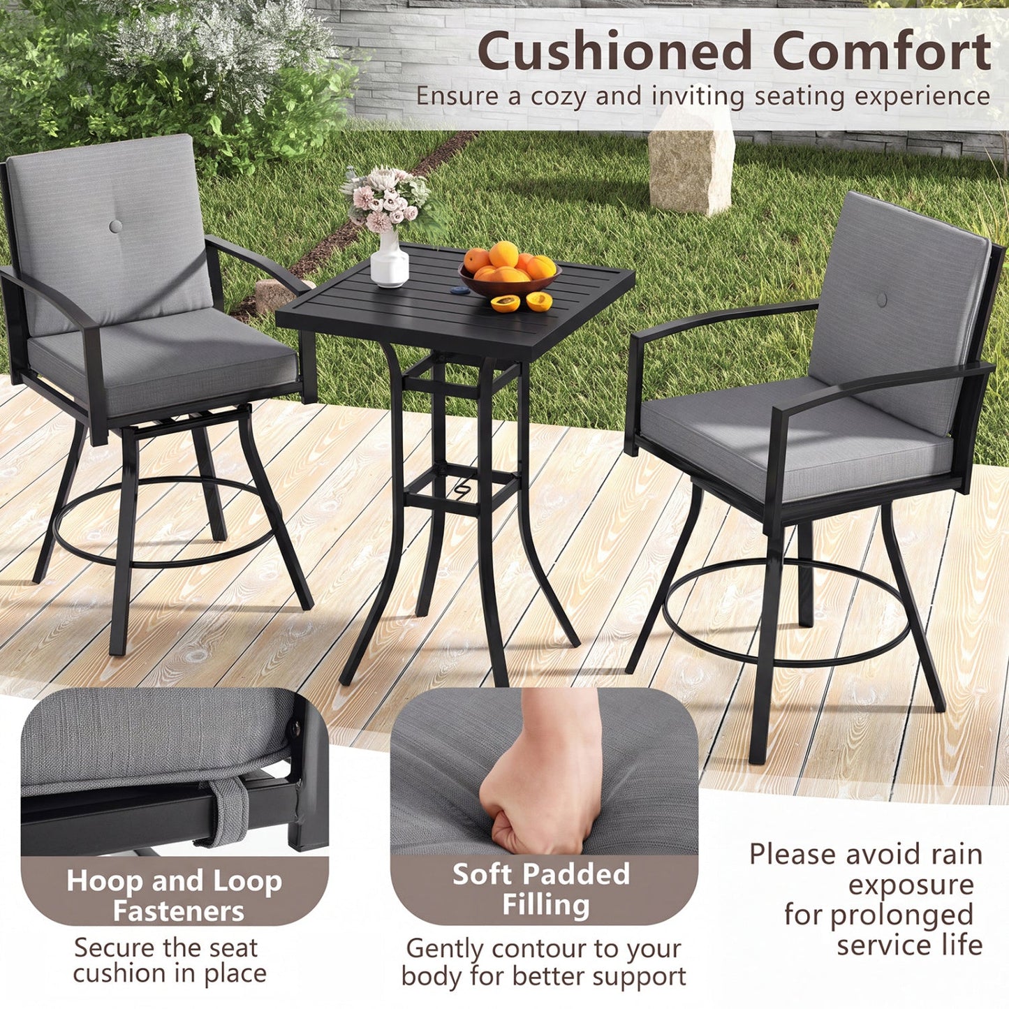 3-Piece Patio Swivel Bar Set with Cushions & Umbrella Hole DirectDeals, black frame, 2 chairs on Tampa Home & Garden Store