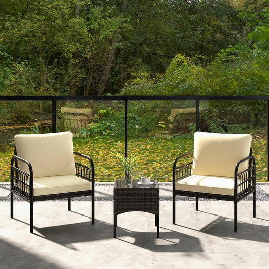3 Pieces Patio Wicker Conversation Set with Cushions and Tempered Glass Coffee Table-Beige - Tampa Home & Garden Store