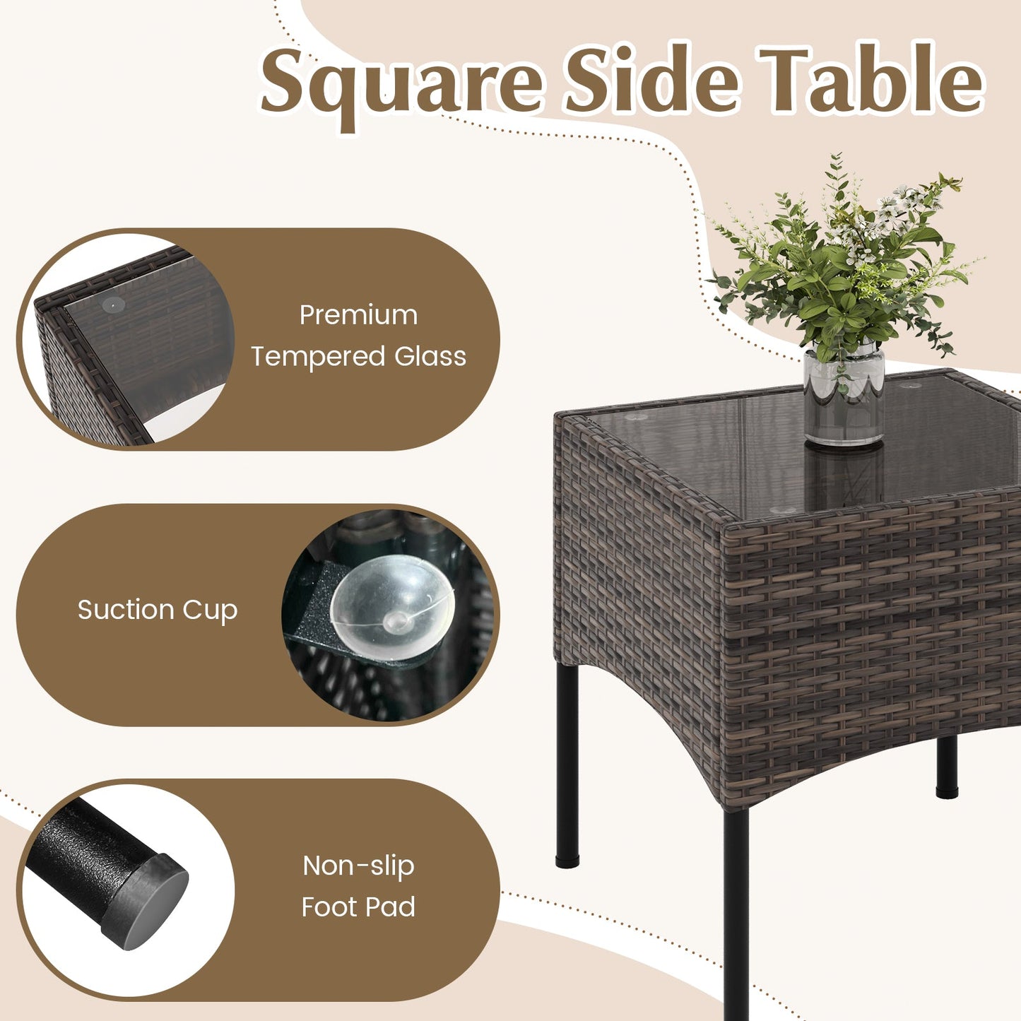 Juego de 3 Piezas de Mimbre para Patio con Cojines y Mesa de Centro de Cristal Templado-Beige