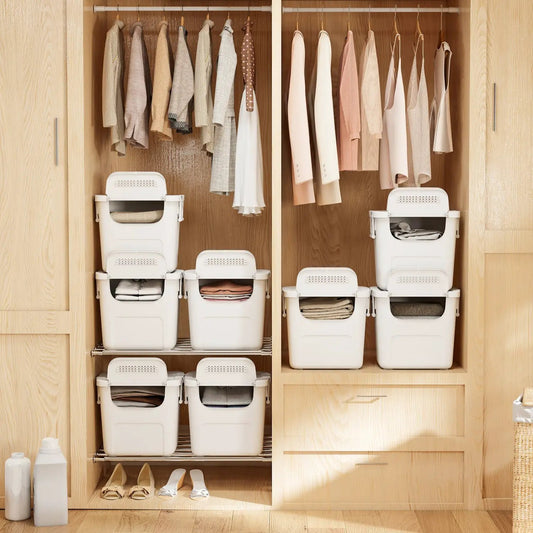 White plastic storage bins with front doors, stacked in a wardrobe closet (6 bins) on Tampa Home & Garden Store