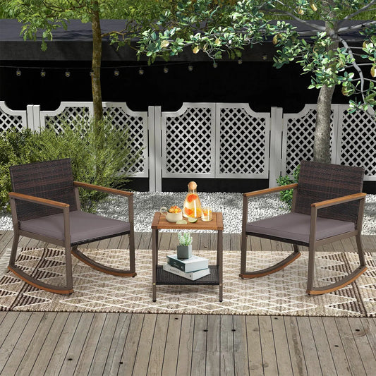 3 Pieces Rattan Rocking Bistro Set with Coffee Table and Cushions-Gray - Tampa Home & Garden Store