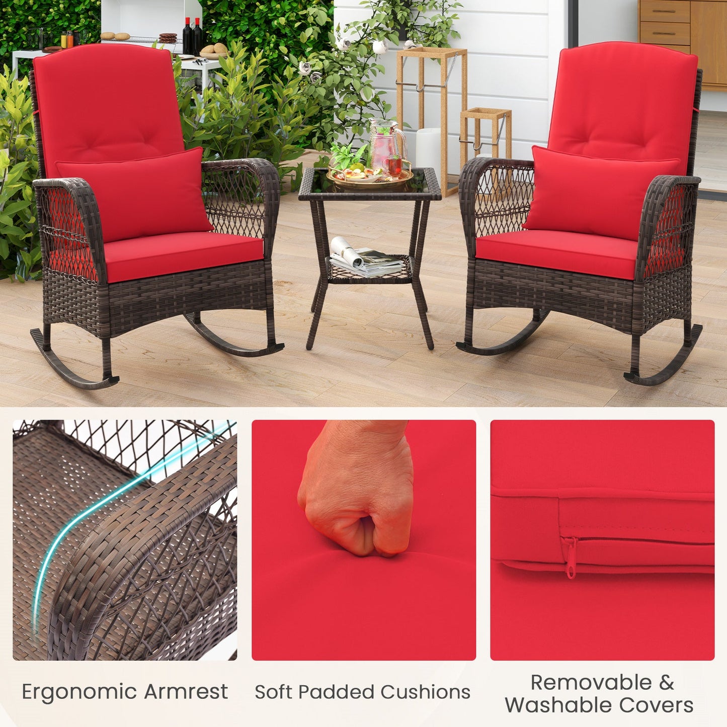 Rocking Bistro Set with 2-Tier Coffee Table, two red cushions on wicker chairs outdoors on Tampa Home & Garden Store