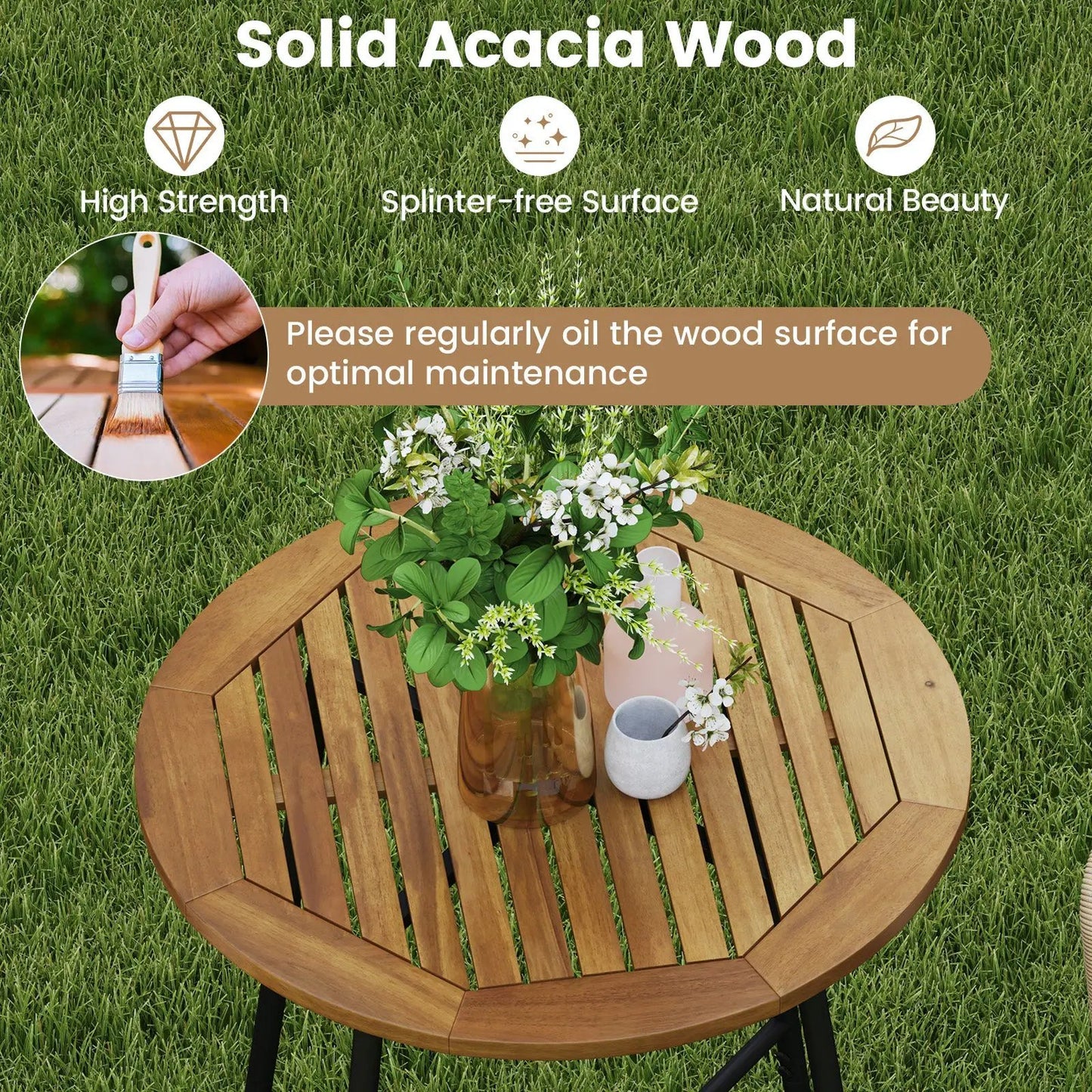 Rope-woven outdoor patio bar table set with a round acacia wood tabletop on a grassy lawn on Tampa Home & Garden Store