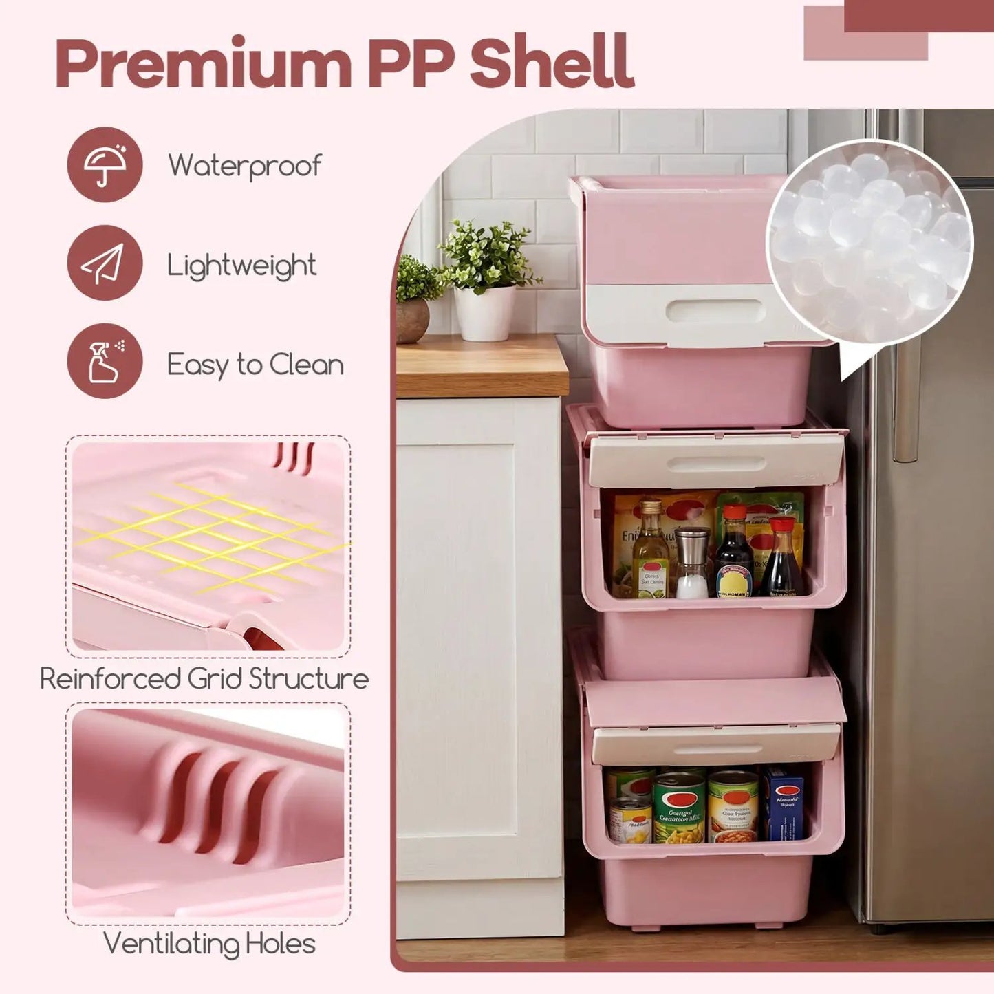 Three-Piece Pink Plastic Storage Bins on Wheels Set by DirectDeals with stay-open lids on Tampa Home & Garden Store