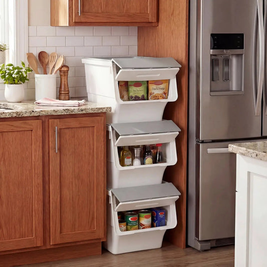 Three-Piece Storage Bins on Wheels Set DirectDeals white plastic wheels stacked beside a fridge on Tampa Home & Garden Store