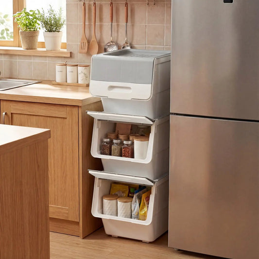 4 white plastic stackable storage bins on wheels with lids in a kitchen beside a fridge on Tampa Home & Garden Store