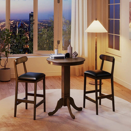 Wood bar table set for two with round pedestal base and two dark wood stools on Tampa Home & Garden Store
