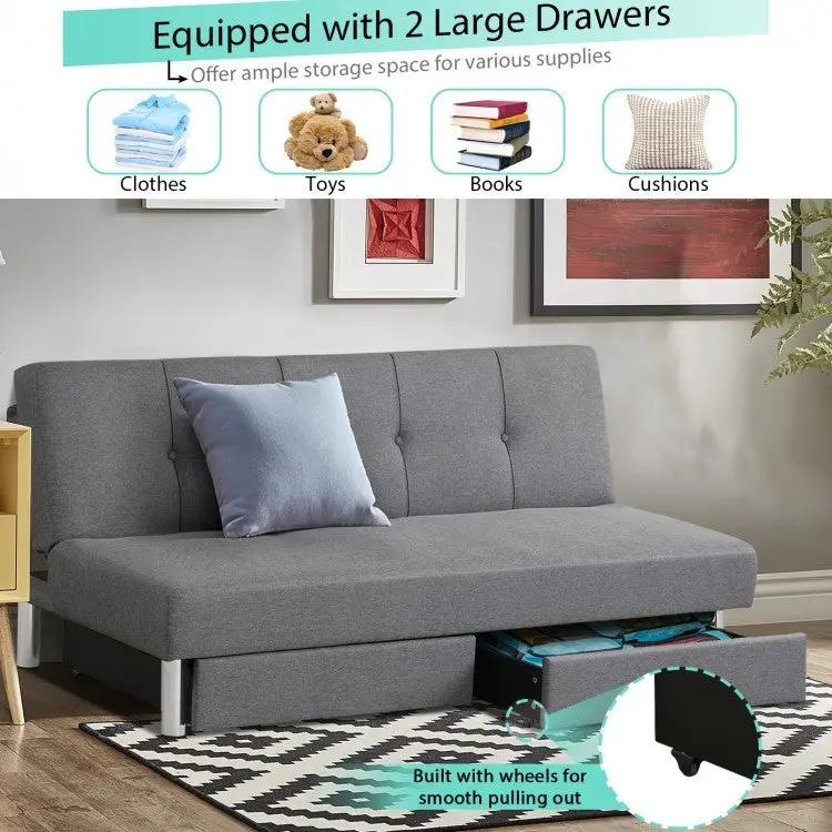 3-Seat convertible sofa bed in grey fabric with 2 large under-seat drawers on Tampa Home & Garden Store