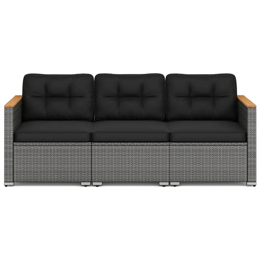 3-seat PE rattan patio sofa set with black cushions, grey wicker, wood armrests DirectDeals on Tampa Home & Garden Store