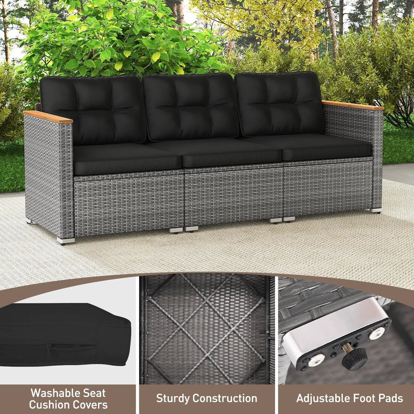 3-seat patio sofa set in grey PE rattan with black cushions and wood armrests on Tampa Home & Garden Store