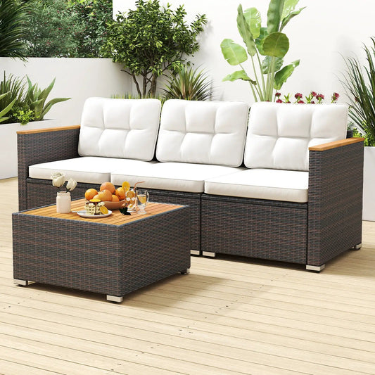 3-seat patio couch sofa with white cushions and dark wicker frame on Tampa Home & Garden Store