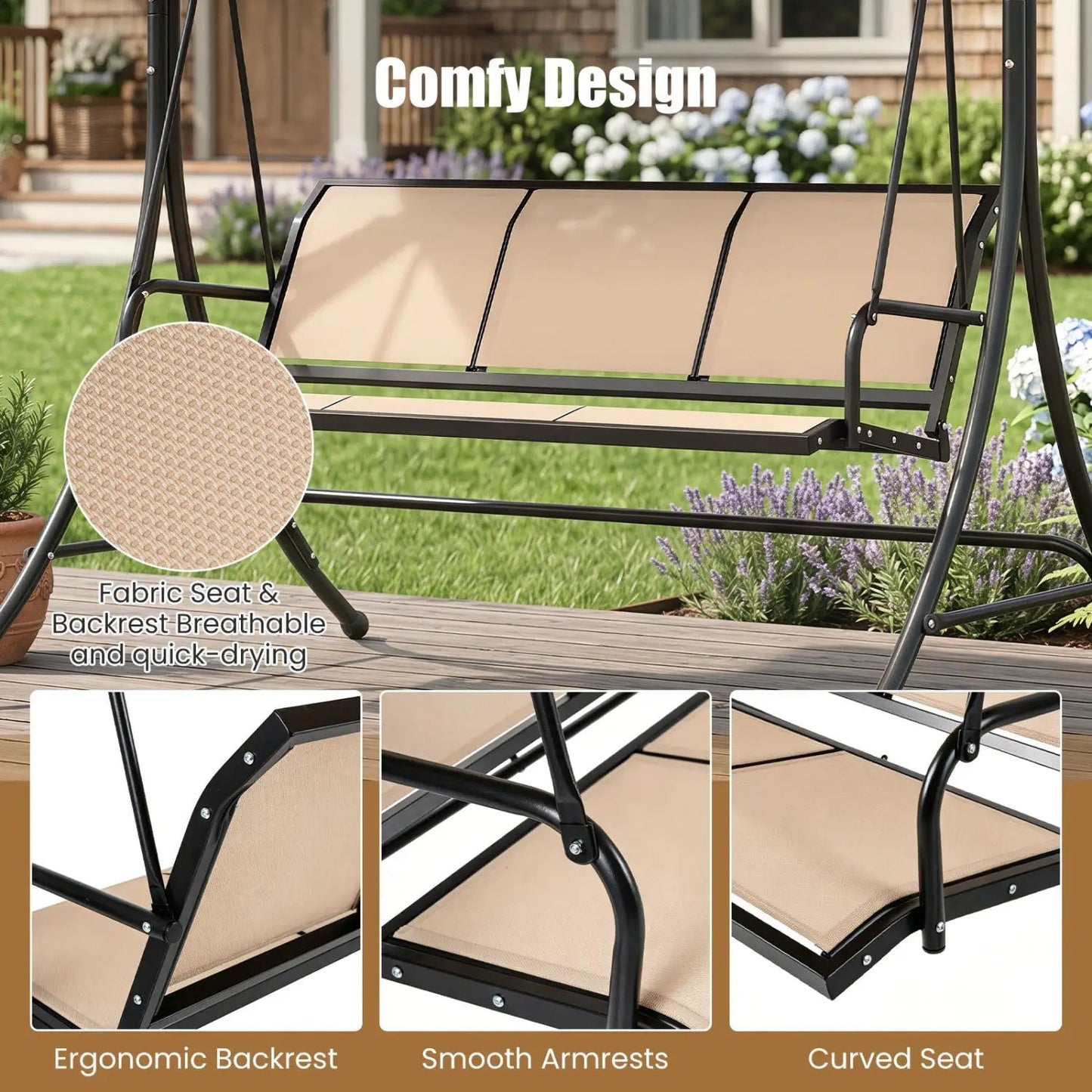 3 Seat Patio Swing Chair With Adjustable Canopy