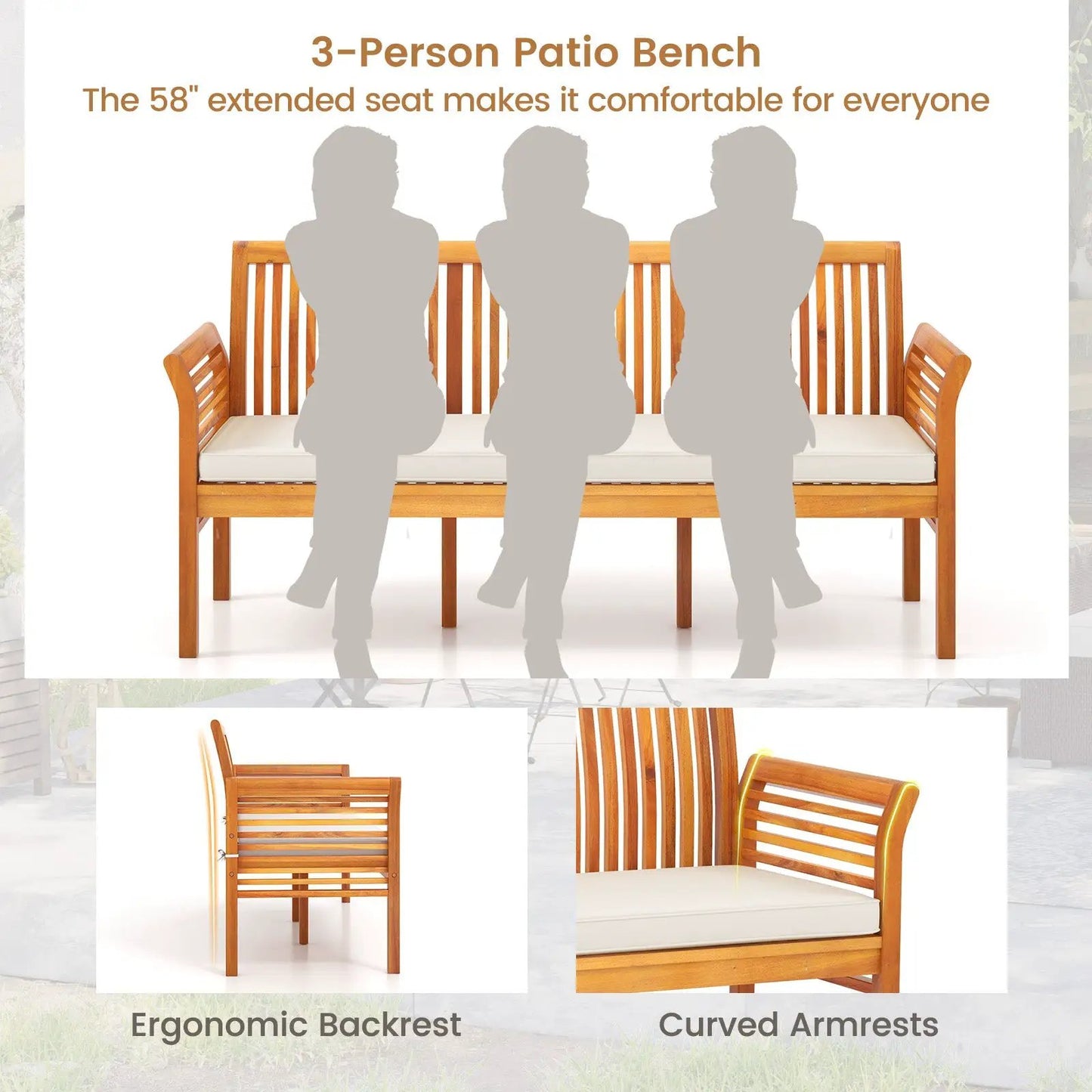 62.5 Inches Patio 3-Seat Wood Bench with Soft Seat Cushions-White - Tampa Home & Garden Store