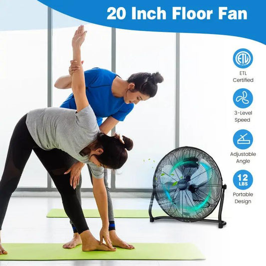 Tilt floor fan with 3-speed adjustable head, 20 inch black-frame fan with blue blades on Tampa Home & Garden Store