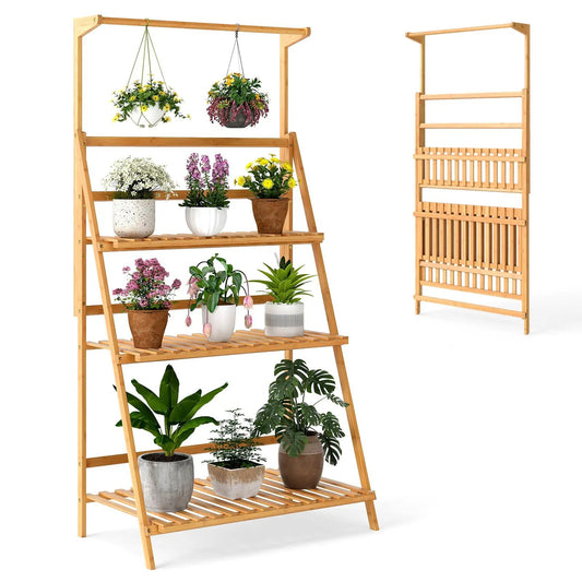 3 Tier Bamboo Hanging Plant Stand with Adjustable Rod natural finish holds several potted plants on Tampa Home & Garden Store