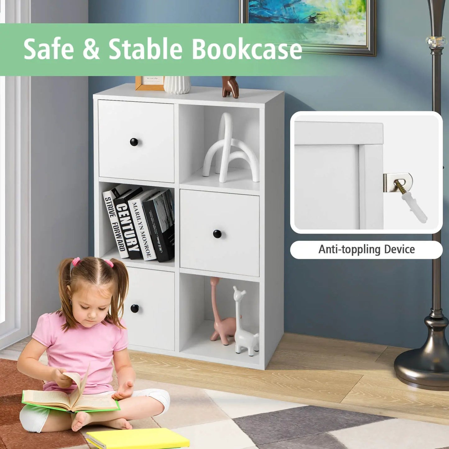 White 3-tier ladder bookcase with cubbies and 2 drawers, anti-toppling device, 2 deer figurines on Tampa Home & Garden Store