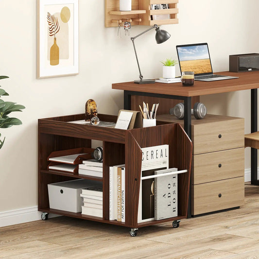 Three-Tier Walnut Side End Table with Wheels on casters in a modern home office on Tampa Home & Garden Store
