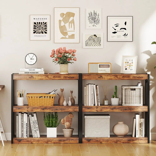 3 Tier Bookshelf Wooden Bookcase with Dual Anti-Tipping Kits-Rustic Brown - Tampa Home & Garden Store
