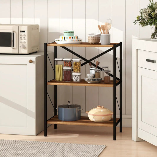 Three-tier bookshelf with black metal frame and wood shelves by DirectDeals on Tampa Home & Garden Store